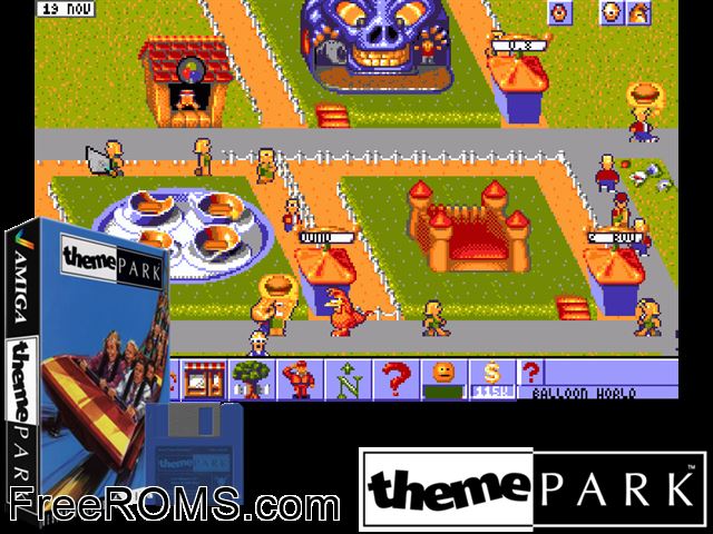Theme Park Amiga game showing 3D box cover and gameplay screenshot