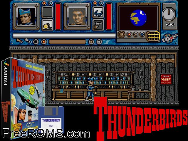 Thunder Birds Amiga game showing 3D box cover and gameplay screenshot