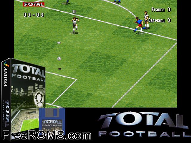 Total Football Amiga game showing 3D box cover and gameplay screenshot
