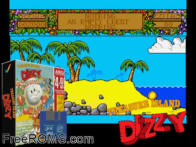 Treasure Isl and Dizzy Amiga game showing 3D box cover and gameplay screenshot