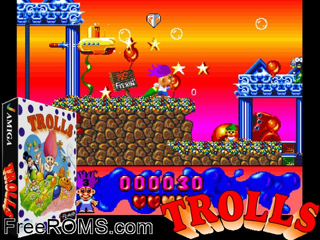 Trolls aga Amiga game showing 3D box cover and gameplay screenshot