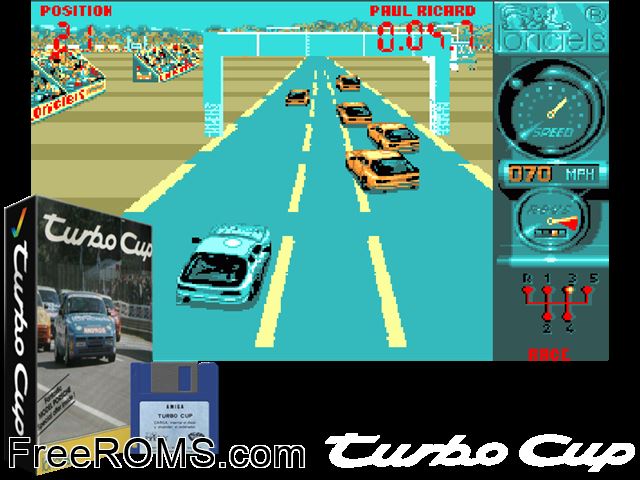 Turbo Cup Amiga game showing 3D box cover and gameplay screenshot
