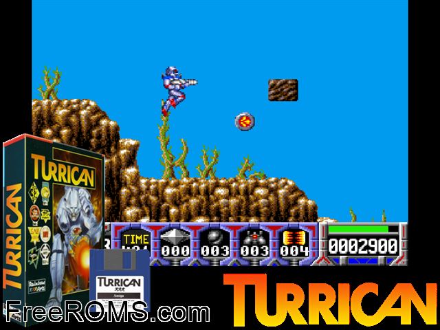 Turrican Amiga game showing 3D box cover and gameplay screenshot