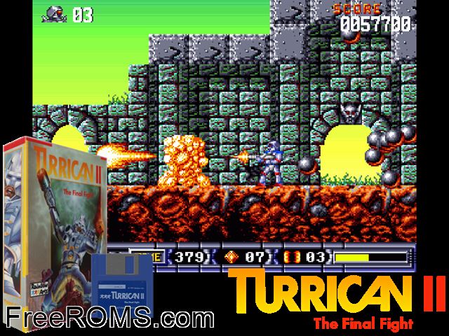 Turrican 2 Amiga game showing 3D box cover and gameplay screenshot