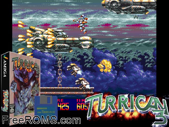 Turrican 3 Amiga game showing 3D box cover and gameplay screenshot