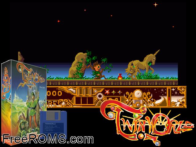 Twin World Amiga game showing 3D box cover and gameplay screenshot
