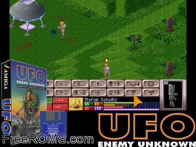 UFO Enemy Unknown Amiga game showing 3D box cover and gameplay screenshot