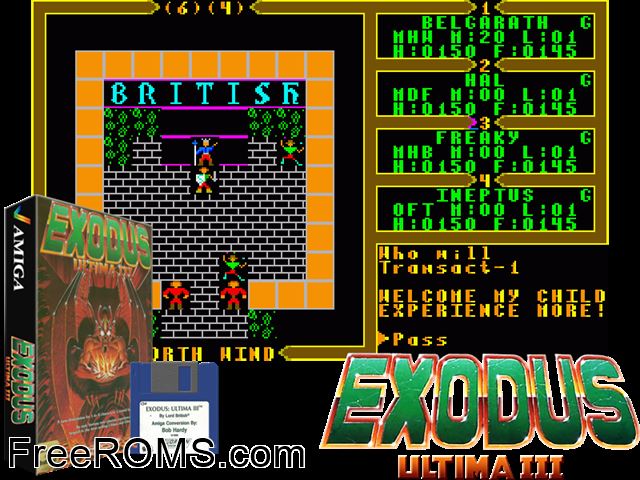 Ultima 3 Amiga game showing 3D box cover and gameplay screenshot