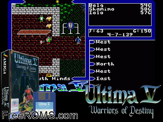 Ultima 5 Amiga game showing 3D box cover and gameplay screenshot