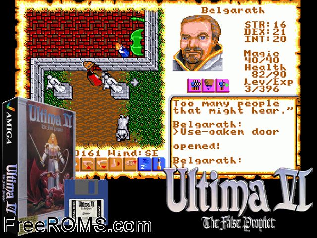 Ultima 6 Amiga game showing 3D box cover and gameplay screenshot