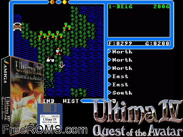 Ultima 4 Amiga game showing 3D box cover and gameplay screenshot