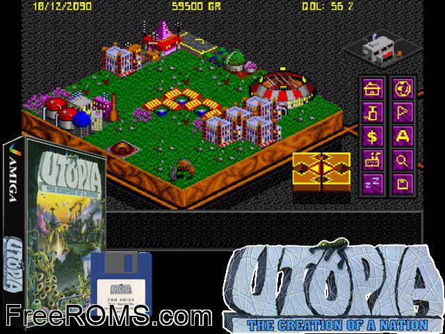 Utopia Amiga game showing 3D box cover and gameplay screenshot