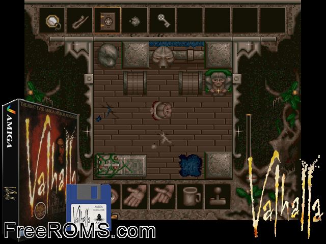 Valhalla Amiga game showing 3D box cover and gameplay screenshot