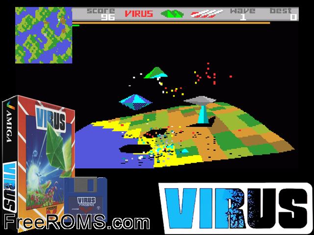 Virus Amiga game showing 3D box cover and gameplay screenshot