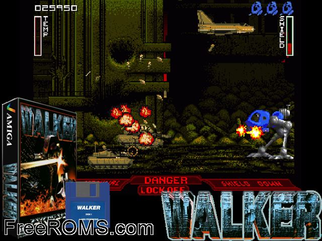 Walker Amiga game showing 3D box cover and gameplay screenshot