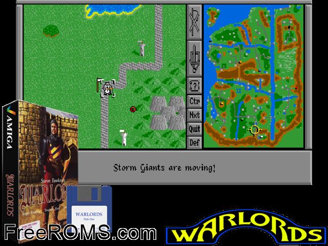 Warlords Amiga game showing 3D box cover and gameplay screenshot