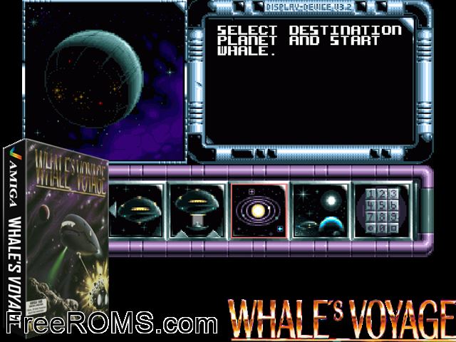 Whales Voyage Amiga game showing 3D box cover and gameplay screenshot
