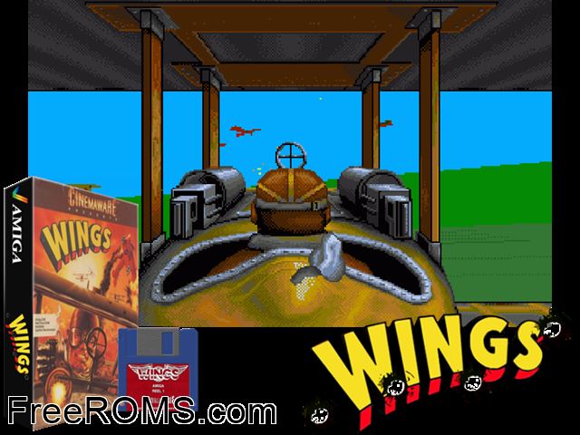 Wings Amiga game showing 3D box cover and gameplay screenshot