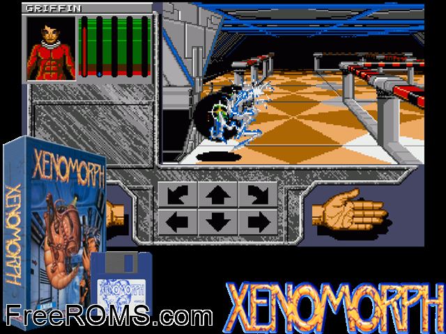 Xenomorph Amiga game showing 3D box cover and gameplay screenshot