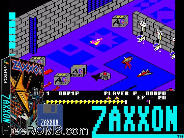 Zaxxon Amiga game showing 3D box cover and gameplay screenshot
