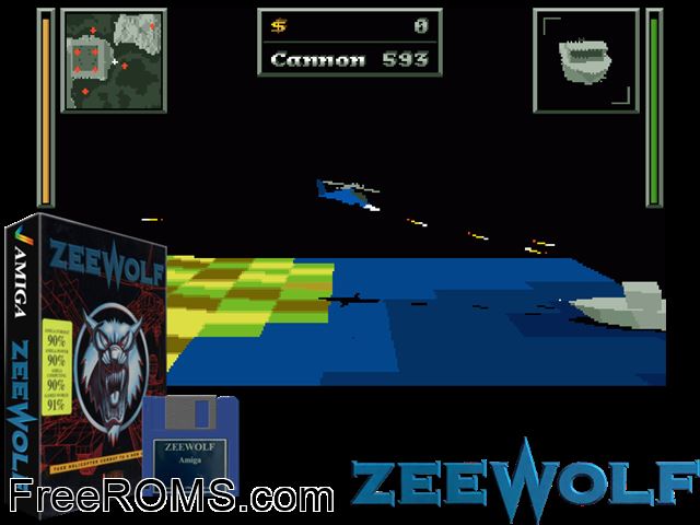 Zee Wolf Amiga game showing 3D box cover and gameplay screenshot