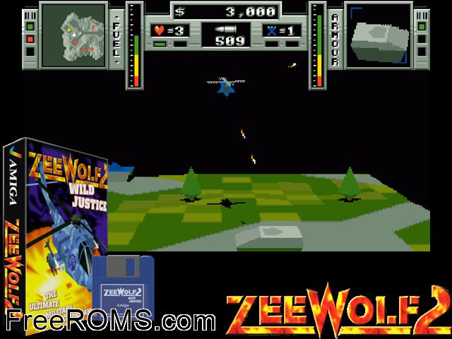 Zee Wolf 2 Amiga game showing 3D box cover and gameplay screenshot
