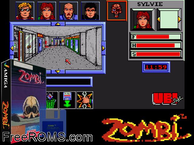 Zombi Amiga game showing 3D box cover and gameplay screenshot