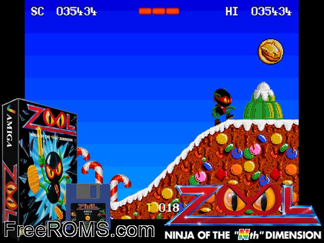 Zool Amiga game showing 3D box cover and gameplay screenshot
