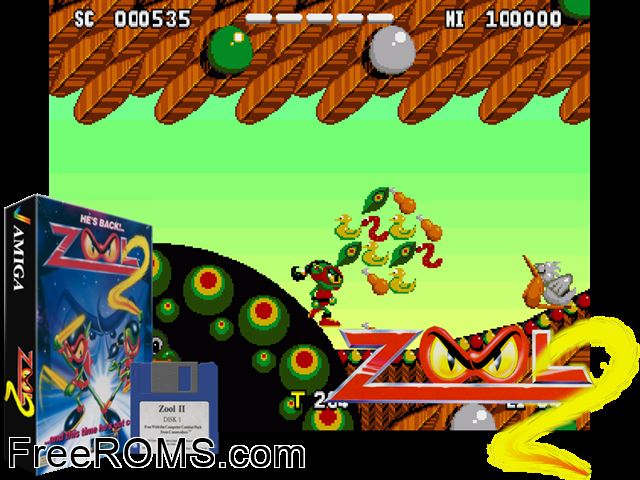Zool 2 Amiga game showing 3D box cover and gameplay screenshot