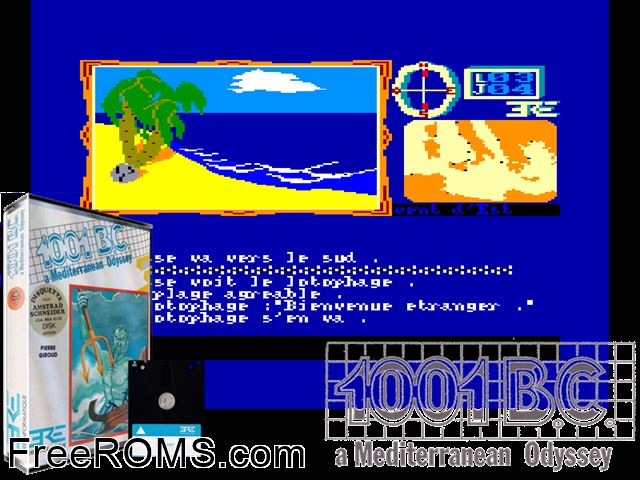 1001 BC (F) (1986) Amstrad CPC game showing 3D box cover and gameplay screenshot