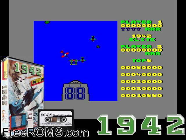 1942 (UK) (1986) Amstrad CPC game showing 3D box cover and gameplay screenshot