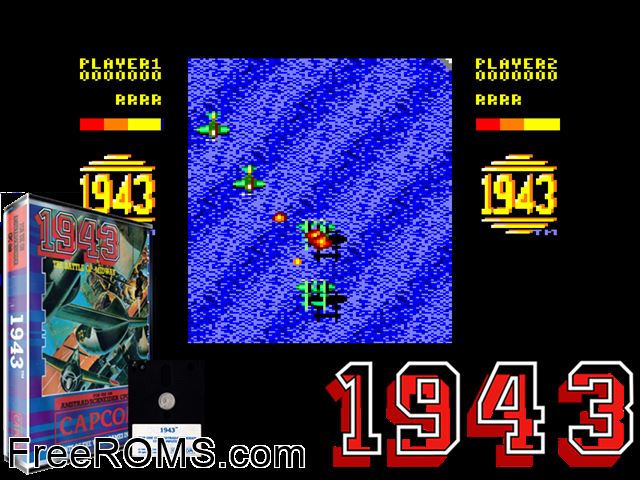 1943 (UK) (1988) Amstrad CPC game showing 3D box cover and gameplay screenshot