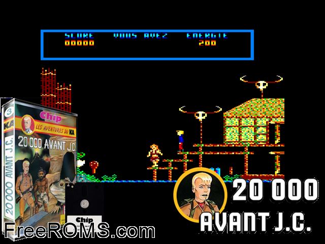 20000 Avant J.C. (f) (1987) Amstrad CPC game showing 3D box cover and gameplay screenshot