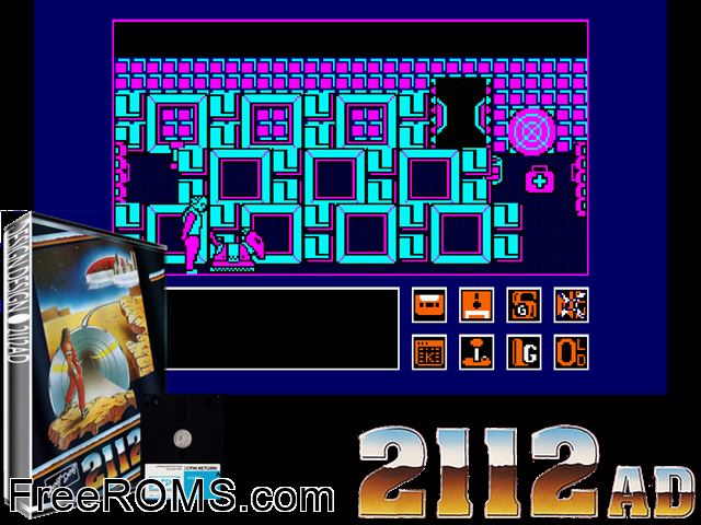 2112 AD (UK,F) (1986) Amstrad CPC game showing 3D box cover and gameplay screenshot
