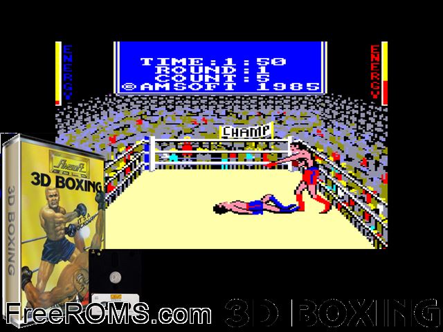 3D Boxing (UK) (1985) Amstrad CPC game showing 3D box cover and gameplay screenshot