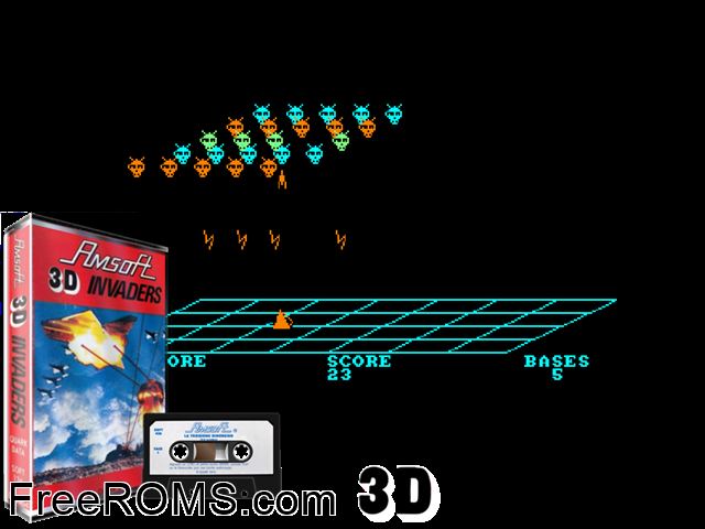 3D Invaders (UK) (1985) Amstrad CPC game showing 3D box cover and gameplay screenshot