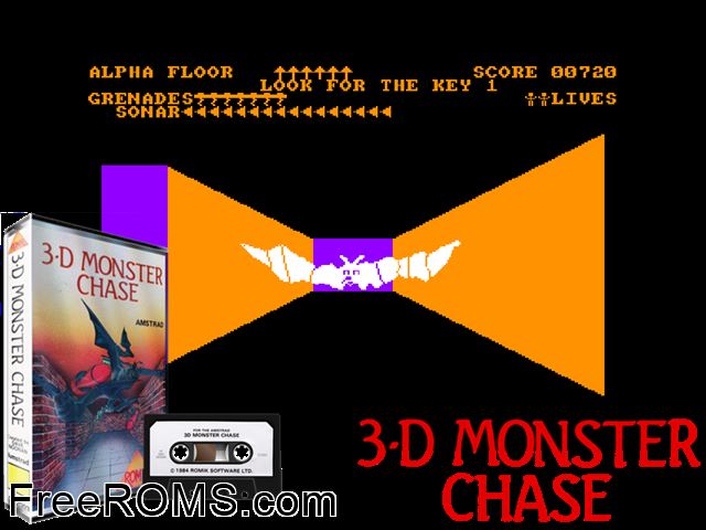 3D Monster Chase (UK) (1985) Amstrad CPC game showing 3D box cover and gameplay screenshot