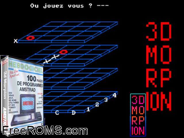 3D Morpion (F) (1985) Amstrad CPC game showing 3D box cover and gameplay screenshot