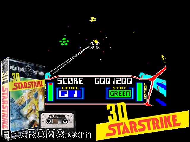 3D Starstrike (UK) (1985) Amstrad CPC game showing 3D box cover and gameplay screenshot