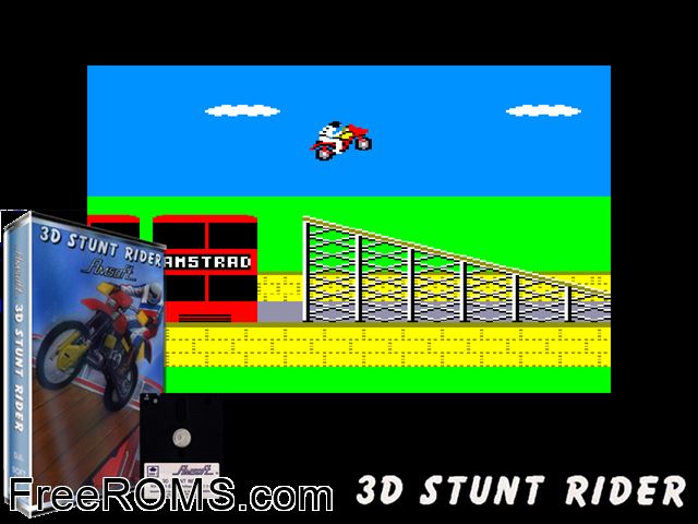 3D Stunt Rider (UK) (1985) Amstrad CPC game showing 3D box cover and gameplay screenshot