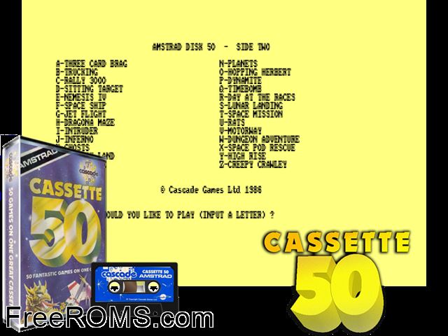 50 Games Disk (UK) (1986) (Disk 2 of 2) Amstrad CPC game showing 3D box cover and gameplay screenshot