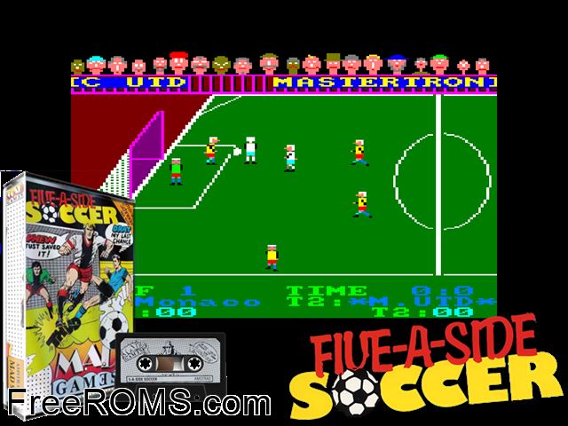 5 A Side Soccer (UK) (1986) Amstrad CPC game showing 3D box cover and gameplay screenshot