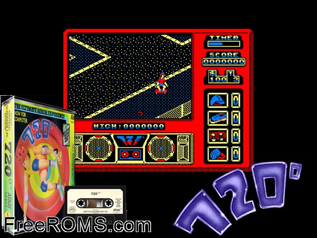 720 Degrees (UK) (1988) Amstrad CPC game showing 3D box cover and gameplay screenshot