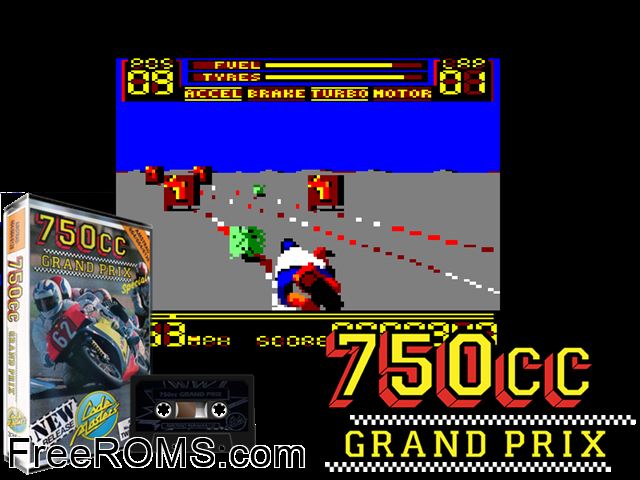 750cc Grand Prix (UK) (1989) Amstrad CPC game showing 3D box cover and gameplay screenshot
