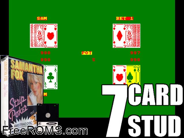 7 Card Stud (UK) (1986) Amstrad CPC game showing 3D box cover and gameplay screenshot