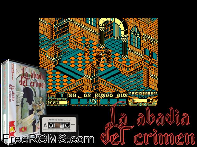 Abadia Del Crimen, La (S) (1988) Amstrad CPC game showing 3D box cover and gameplay screenshot