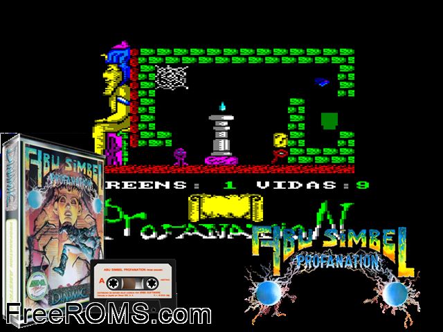 Abu Simbel Profanation (S) (1986) Amstrad CPC game showing 3D box cover and gameplay screenshot