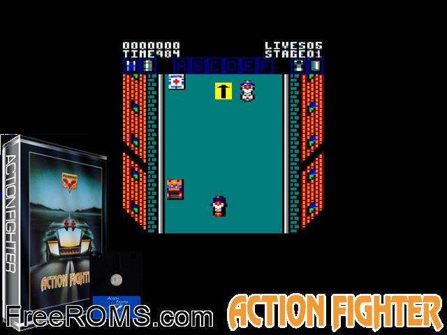 Action Fighter (UK) (1989) Amstrad CPC game showing 3D box cover and gameplay screenshot