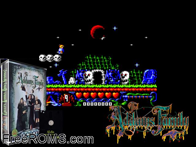 Addams Family, The (UK) (1991) Amstrad CPC game showing 3D box cover and gameplay screenshot