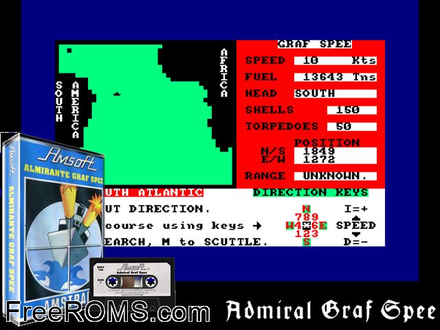Admiral Graf Spee (S) (1984) Amstrad CPC game showing 3D box cover and gameplay screenshot